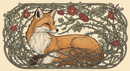 Fototapeta premium Stylized depiction of a red fox resting within a thicket of thorny rose vines illustrates natural ornamentation.