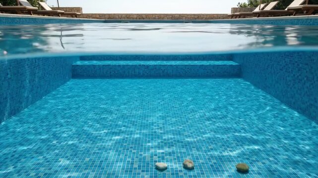 Underwater view of blue tiled swimming pool with three pebbles at the bottom, split-level perspective showing lounge chairs above water