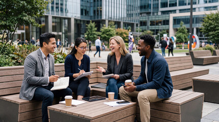 Fototapeta premium Diverse students sitting on stone steps in modern university plaza