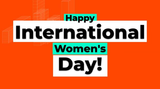 Celebratory graphic Happy International Day text on orange with abstract wireframes Ideal for International Womens Day