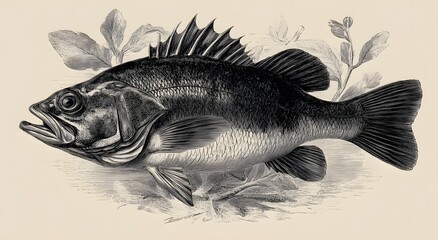 A detailed black and white illustration of a fish with aquatic plants
