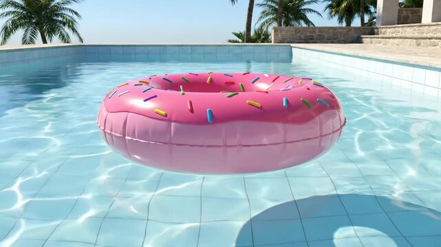 Pink inflatable donut ring floating in a clear blue swimming pool with palm trees under a bright summer sky