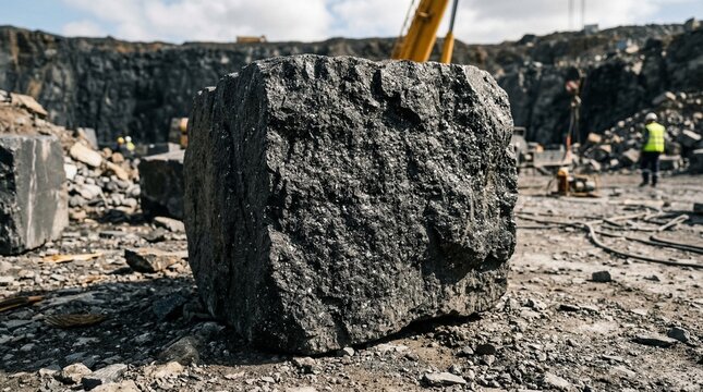 Large black granite block in a stone quarry with excavators and workers in the background, mining and construction industry.