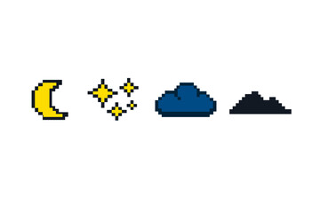 Fototapeta premium Pixel art night weather icon set showing crescent moon with stars, a dark cloud, and a distant mountain silhouette in retro 8-bit style