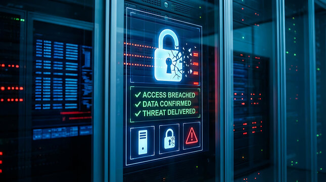 Server rack digital lock breaking with access breached warning signs on screen in data center