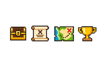 Obraz premium Pixel art adventure quest icons featuring treasure chest, parchment scroll, folded map with marked destination, and golden trophy reward on white background