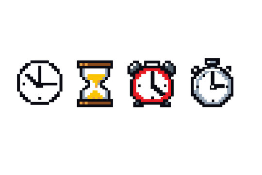 Pixel art set of timekeeping icons including wall clock, hourglass timer, retro alarm clock, and stopwatch on a clean white background