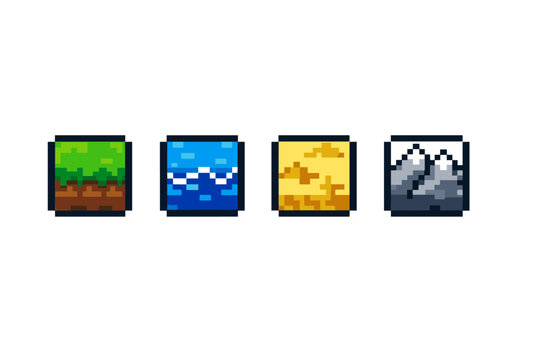 Pixel art terrain tile set showing grassy soil, ocean water, desert sand, and snowy mountain icons for retro game map interface design