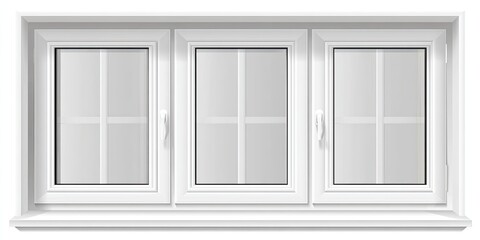 Obraz premium A triple-pane white window with grid panes and sills, centered on a white background