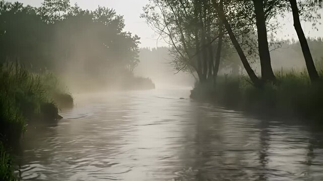 Foggy river landscape with trees on both sides on a hazy morning