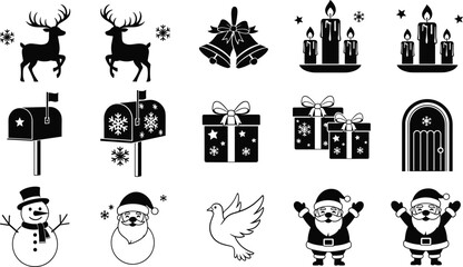 Christmas festive icons, Santa Claus silhouette, snowman illustration, reindeer with snowflakes, holiday bells, gift boxes, candles, dove, mailbox decoration © MDMORSALIN
