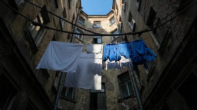 Laundry drying on a line in an old residential urban courtyard on a sunny day reflecting a daily city routine.