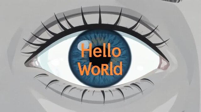 An animated close-up of a blue eye with a distinct text overlay capturing attention, evoking curiosity and intrigue