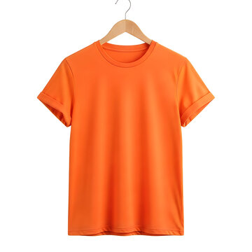 A vibrant orange t-shirt on a wooden hanger isolated on white background
