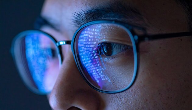 Focused Gaze: An eye-level close-up of a person wearing glasses, with the lenses reflecting lines of code, showcasing the immersive world of technology.