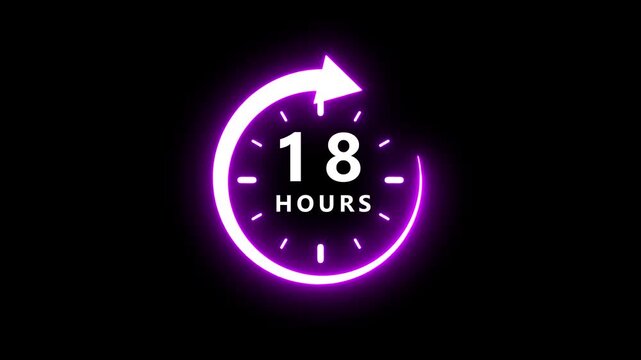 Luminous neon purple circular clock indicating eighteen hours with white digital numbers and hour markers on a dark black background representing time elapsed or remaining