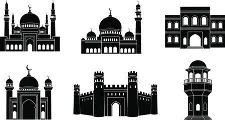 Islamic architecture silhouettes, mosque domes and minarets, South Asian palace design, fortified castle illustration, cultural heritage building, traditional ornamental artwork