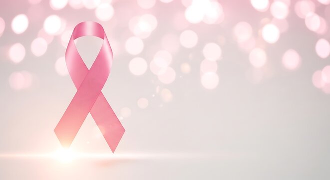Pink ribbon symbol of breast cancer awareness against blurred background
