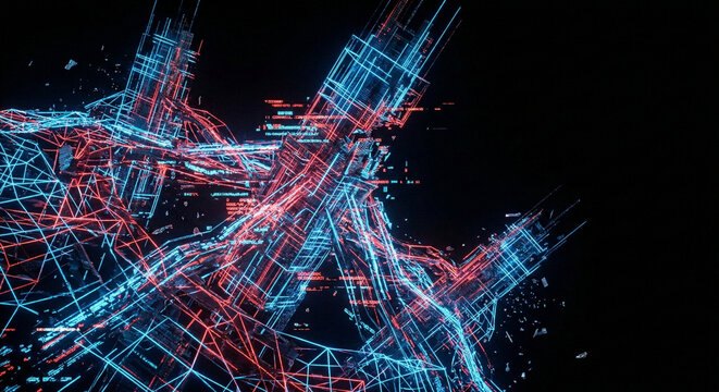 Generative AI, abstract complex glowing geometric data structure in dark void symbolizing modern AI and cyber warfare, copy space.