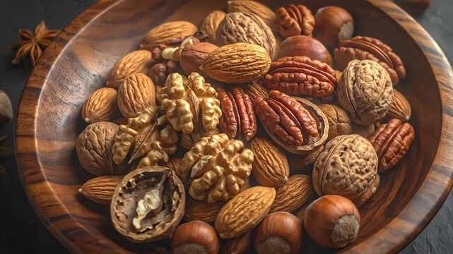 A wooden bowl filled with a variety of healthy nuts and spices on a dark textured surface