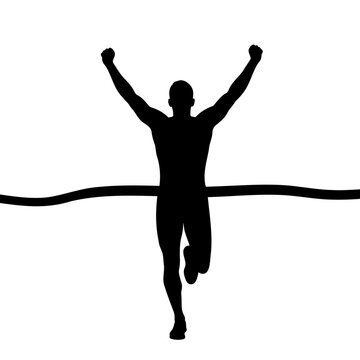 Silhouette of a runner crossing the finish line with arms raised in victory