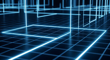 Obraz premium Abstract Blue Neon Laser Grid Lines on Dark Background Futuristic Tech Concept