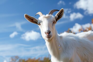 Fototapeta premium Joyful white goat gazing at the sky in a sunny meadow filled with wildflowers during a bright afternoon in early spring
