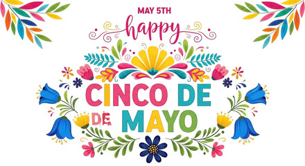 Obraz premium Happy Cinco de Mayo Celebration Banner with Vibrant Mexican Folk Art Flowers for Festive Event Promotion and Digital Marketing