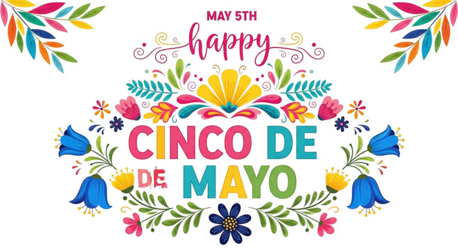 Happy Cinco de Mayo Celebration Banner with Vibrant Mexican Folk Art Flowers for Festive Event Promotion and Digital Marketing