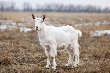 Obraz premium Bright white goat standing gracefully in a golden meadow under a soft winter sky near the edges of a tranquil pasture