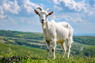Obraz premium Majestic white goat stands gracefully on a vibrant green hill under a blue sky filled with fluffy clouds