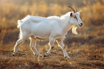 Fototapeta premium Elegant white goat strides gracefully across golden fields during a serene sunset scene in the countryside