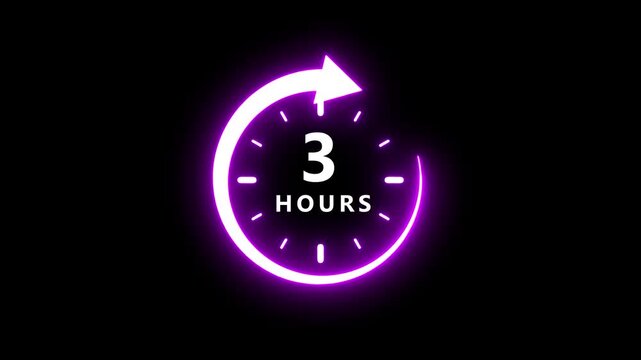A luminous neon purple circular arrow clock face indicating three hours with the number 3 and the word hours displayed against a dark black backdrop for time-related concepts