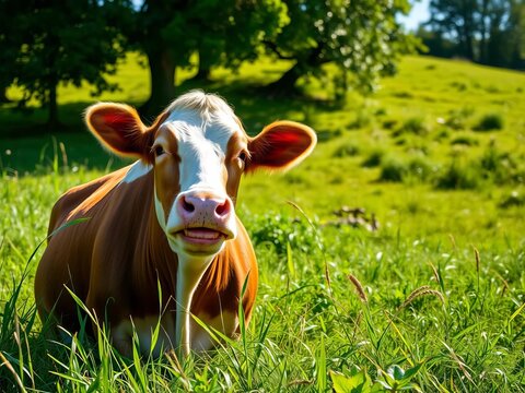 A contented cow chewing its cud in a green, sun-drenched pasture, embodying pastoral life,  grazing,  dairy