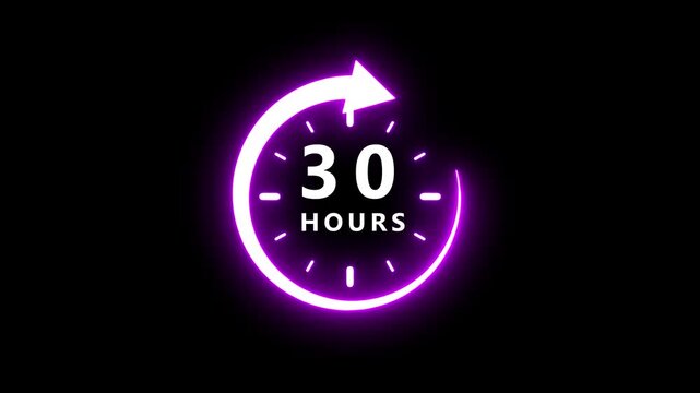 Glowing neon purple circular arrow clock face displaying thirty hours with a white arrow indicating time progression against a stark black background