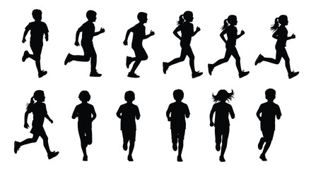 Obraz premium Dynamic vector graphic illustration featuring a diverse group of children running and playing vigorously.