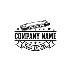 Harmonica music instrument company logo with stars and banner.