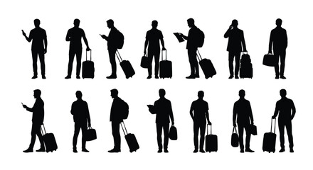 Collection of businessman silhouettes walking and standing while managing luggage and mobile devices for travel