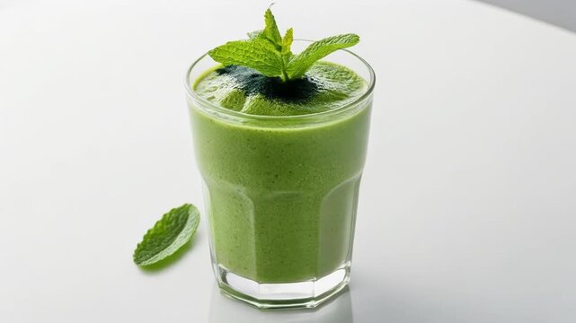 A refreshing glass of green smoothie garnished with fresh mint leaves on a white surface