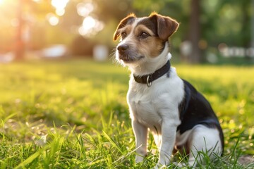 Joyful dog enjoying a sunny afternoon in a green park surrounded by trees and blooming flowers
