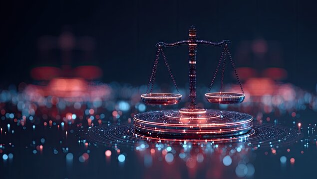 Digital scales of justice on a futuristic, illuminated circuit board