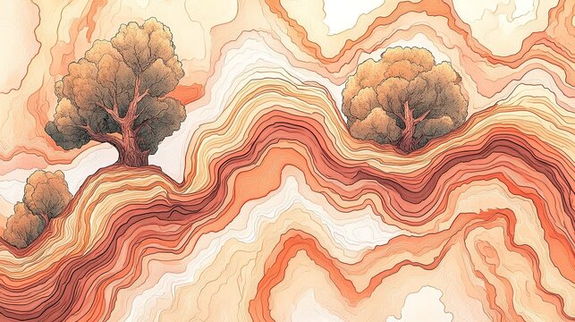 Abstract Landscape with Wavy Terrain and Trees in Earth - Toned Colors
