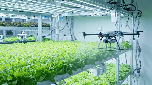 Automated drone spraying crops in a modern indoor vertical farm with LED lighting