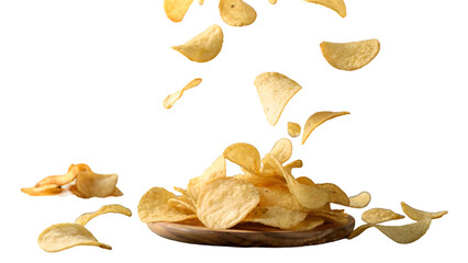 Naklejka premium Delicious potato chips flying into a wooden bowl