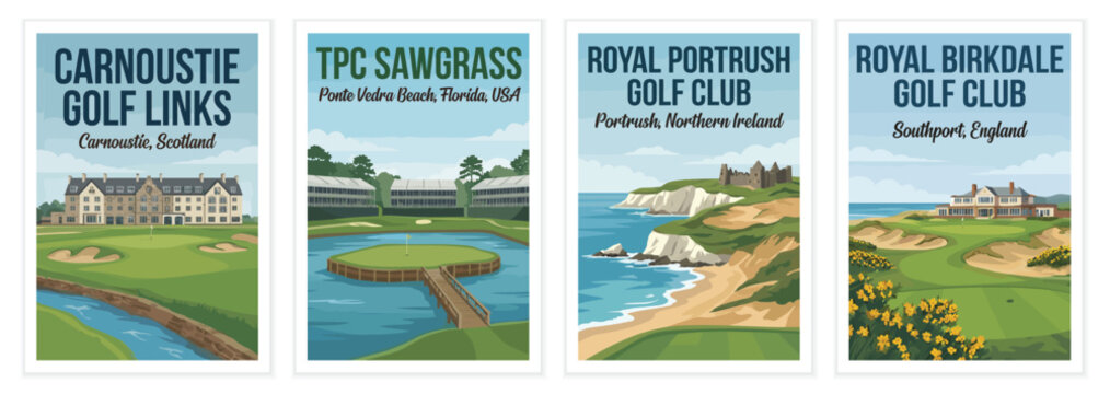 Vintage golf poster set. Including carnoustie scotland, tpc sawgrass florida, royal portrush northern ireland, and royal birkdale england. Retro vector illustration.