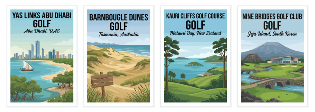 Vintage golf poster set. Including yas links abu dhabi, barnbougle dunes, kauri cliffs new zealand, and nine bridges south korea. Retro vector illustration.