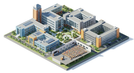 Modern university campus aerial view, contemporary architecture, green spaces, solar panels