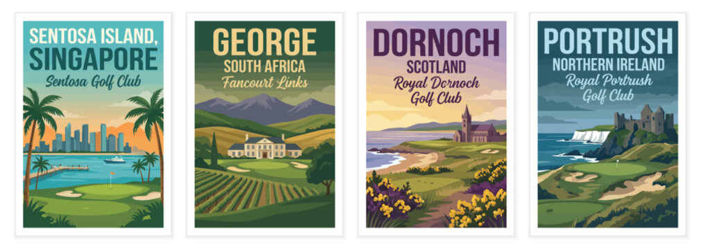 Vintage golf poster set. Including sentosa island singapore, george south africa fancourt links, dornoch scotland, and royal portrush. Retro vector illustration.
