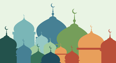 Ramadan Kareem Night Illustration with Mosque, Lanterns, Crescent Moon and Iftar Dates © Artbibun