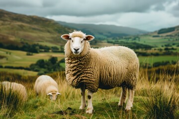 Obraz premium Green hills cradle curious sheep as clouds loom over a tranquil countryside landscape